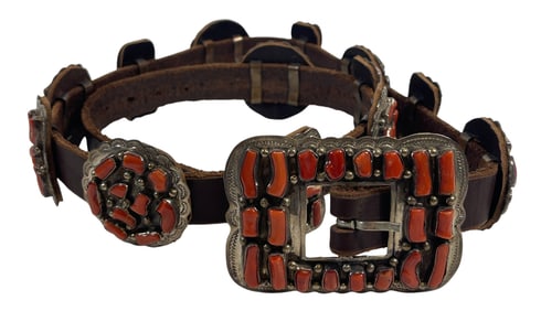 Native American Navajo Daniel Martinez Sterling Silver & Coral Concho Belt