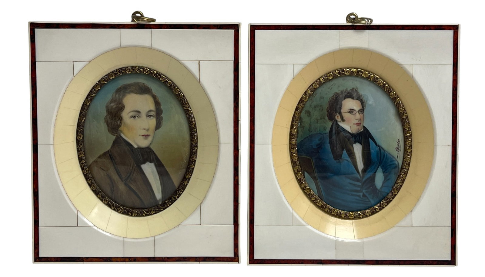 (2) 19th Century Portrait Miniatures Schubert & Gentleman: To consist of of (1) portrait of Franz Schubert, signed Stieler, (1) portrait of a gentleman signed Scheffer. Both measure 5.625 x 4.875 inches. Overall good condition, please see photos.