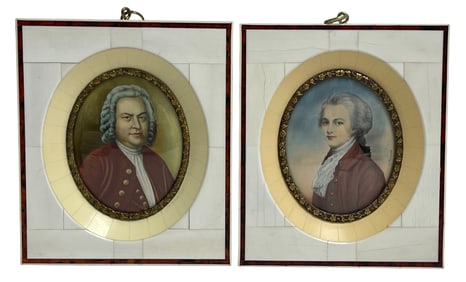 (2) 19th Century Portrait Miniatures Wolfgang Amadeus Mozart & Johann Sebastian Bach