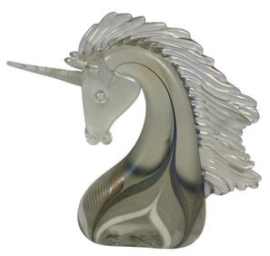 Vintage Stuart Abelman Pulled Feather Art Glass Unicorn Bust