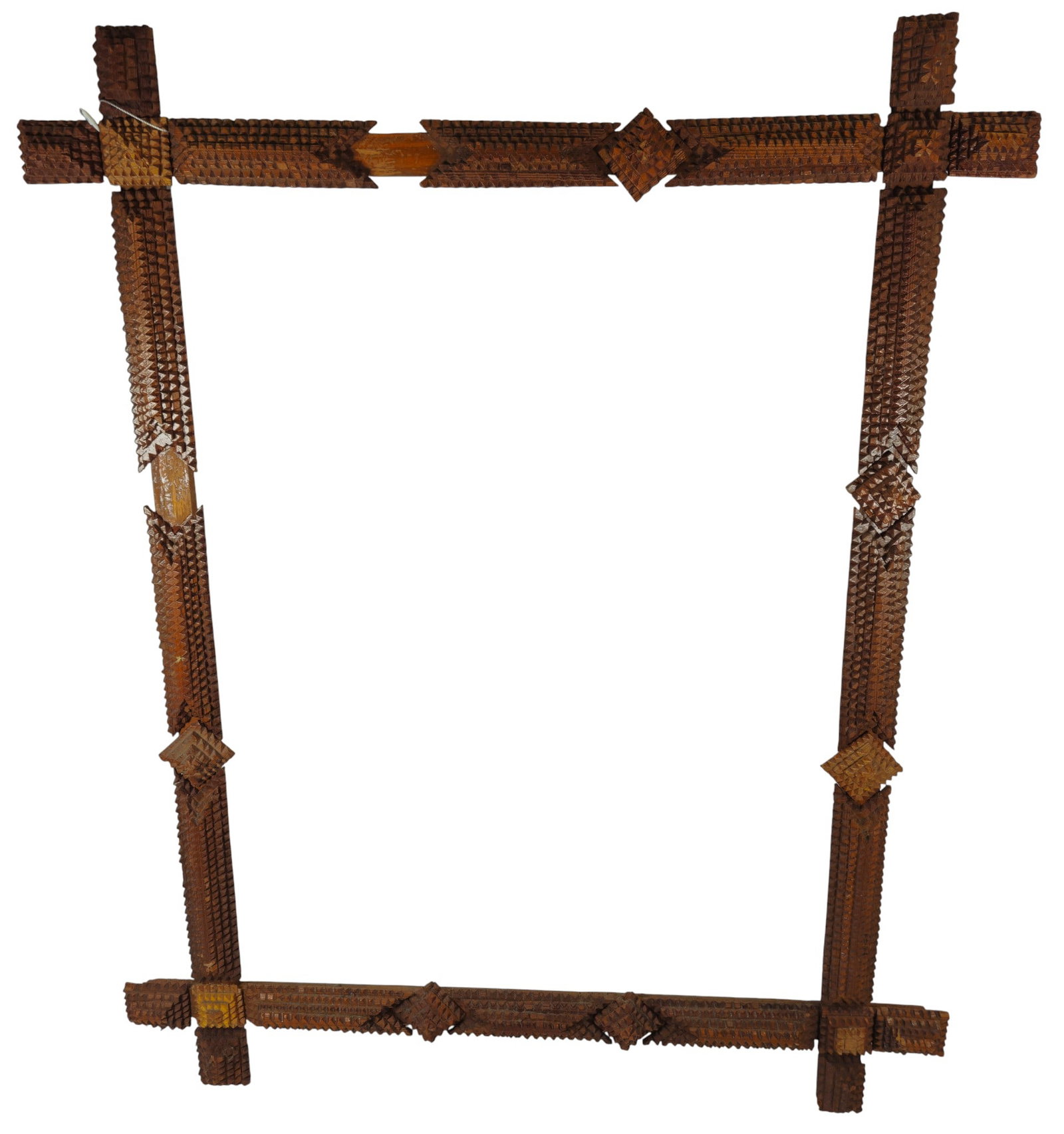 19th Century Tramp Art Frame: Antique tramp art frame, overall good condition. Slight areas of chipping, missing pieces. Please see photos. Outside measurement 31 inches x 25.5 inches. Inside measurement 24 x 18 inches.