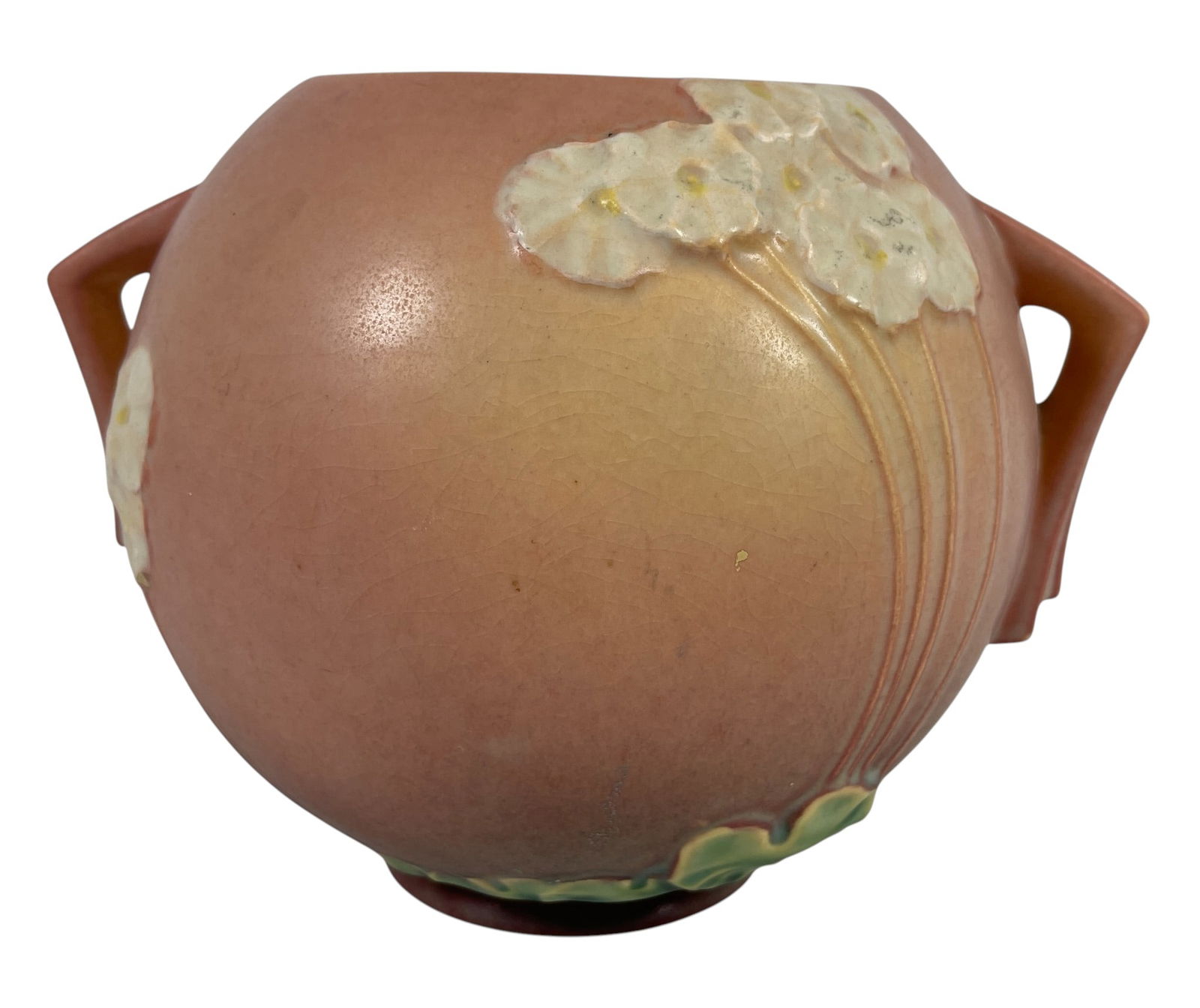 Roseville Art Pottery Pink Bulbous Vase / Jardinere: Matte finish over salmon pink coloration with floral design. Impressed Roseville 285-6. Overall good condition, no chips, cracks, breaks or repairs. Some light crazing. Please see photos.