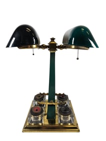 c1910 Emeralite Double Bankers Lamp with Inkwells