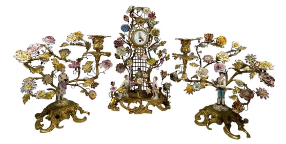 Louis XV Ormolu Mounted & Porcelain (3) Piece Clock Set