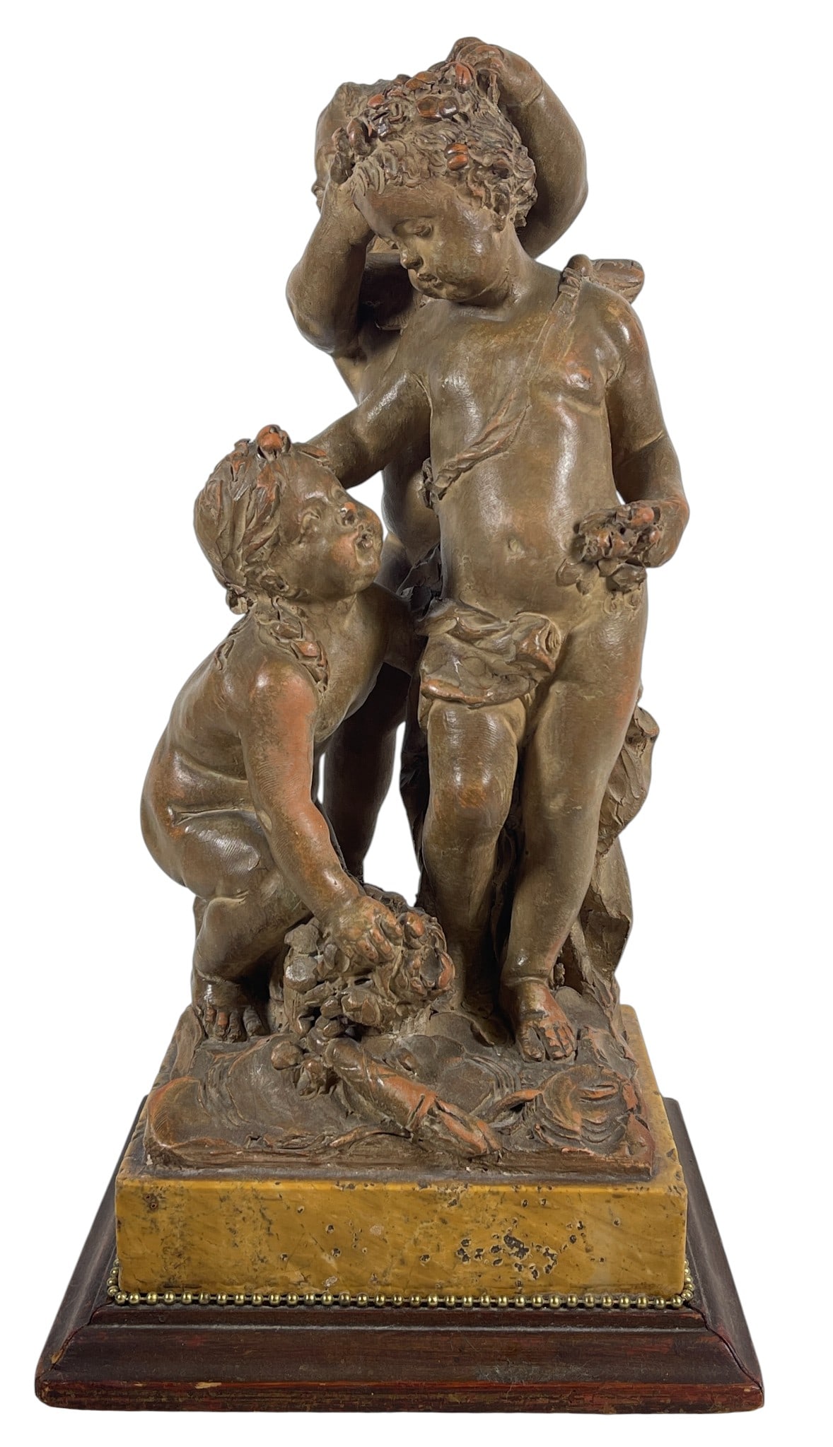 19th Century Louis-Simon Boizot Terracotta Grouping Allegory of Love: Signed on back under feet Boizot, 1878, Paris. Measures 13 inches high, 6.5 x 7 across the wood base. Overall good condition, no breaks or cracks. Please see photos.