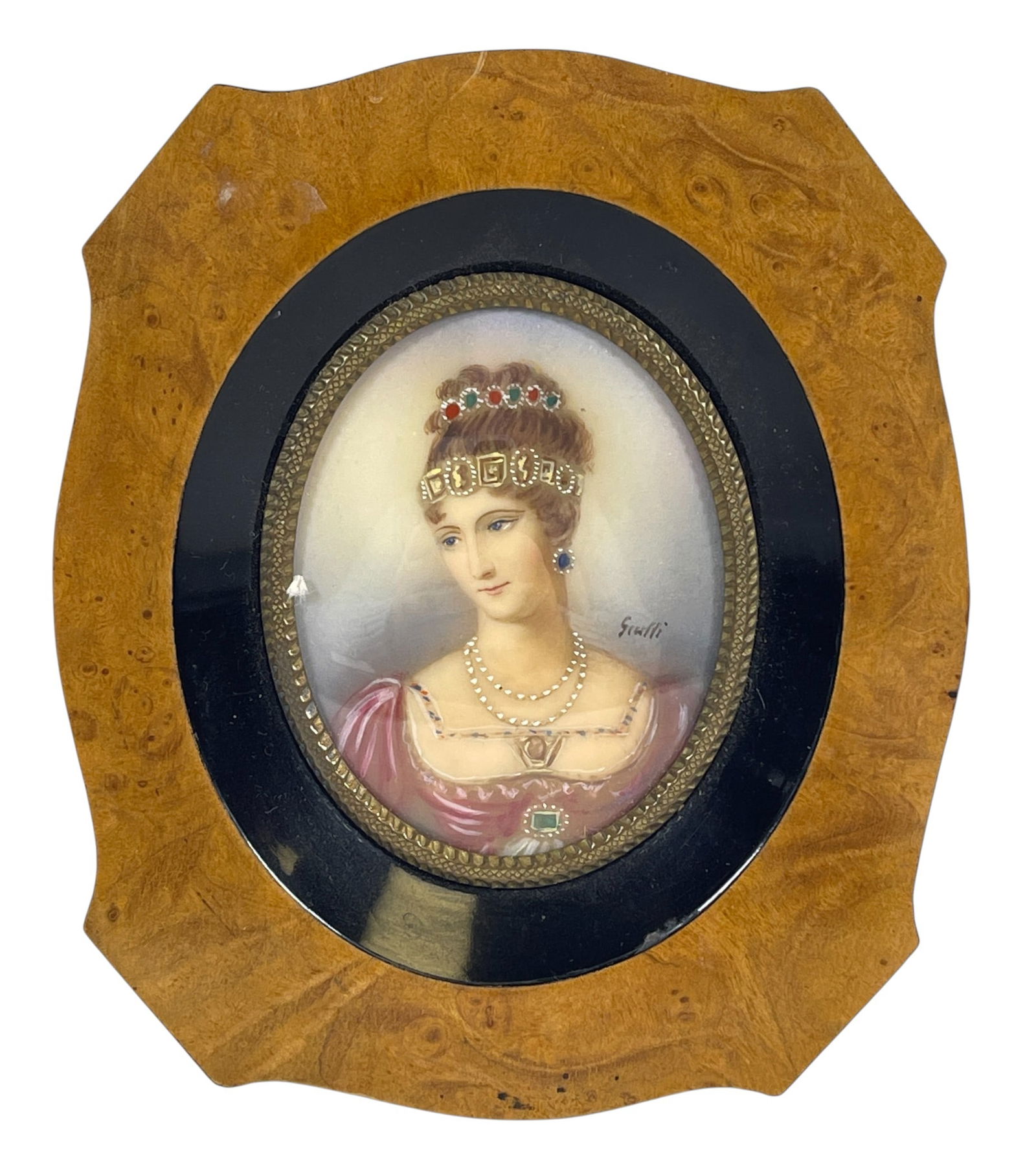 19th Century Portrait Miniature in Burled Wood Frame: Frame measures 6.25 inches x 5.125 inches. Miniature under convex glass surrounded by bronze trim, measures 3.25 x 2.5. Illegibly signed. Overall good condition, please see photos.