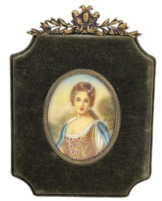 19th Century Portrait Miniature in Bronze & Velvet Frame
