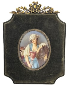 19th Century Portrait Miniature in Bronze & Velvet Frame