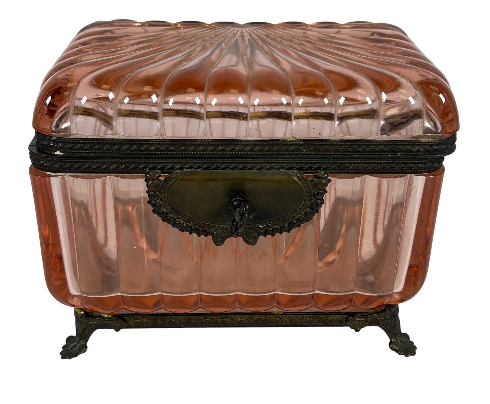 19th Century Baccarat Style Bronze Mounted Red Glass Casket: Measures just shy of 5 inches high, 6.25 x 4.25 inches. Overall good condition, hinge is broken. Please see photos.