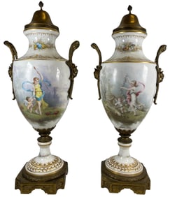 Pair 19th Century Hand Painted Bronze Mounted Sevres Urns