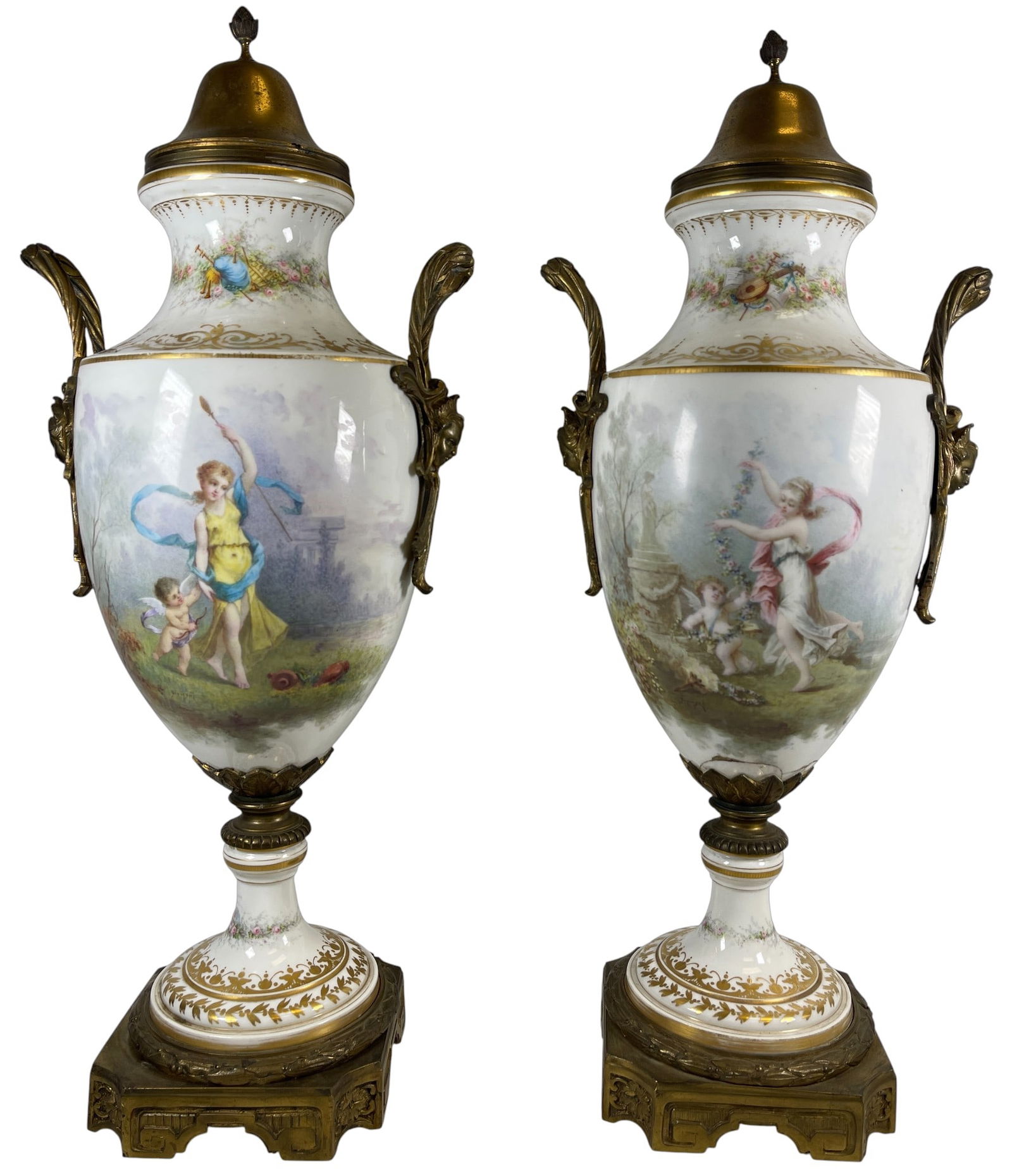 Pair 19th Century Hand Painted Bronze Mounted Sevres Urns (1 of 16)