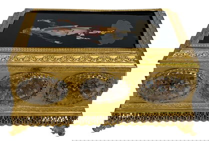 Victorian Dore Bronze Box w/ Pietra Dura Lid & Dried Flowers under Convex Glass