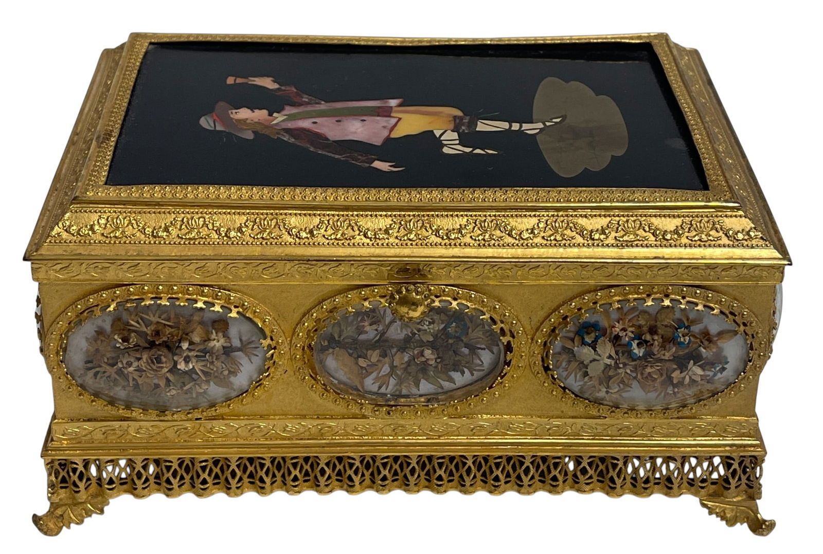 Victorian Dore Bronze Box w/ Pietra Dura Lid & Dried Flowers under Convex Glass: Victorian pietra dura and dore bronze jewel box. The bronze inset with pietra dura plaque top depicting a gent dancing with a wine glass, the sides set with dried flowers under convex glass medallions
