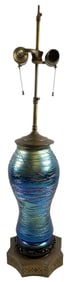 Durand Threaded Blue Iridescent Art Glass Lamp