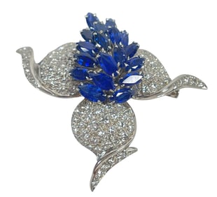 Estate 14k White Gold Diamond & Sapphire Brooch