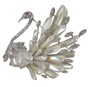 Hollywood Regency 18k White Gold Diamond Ruby & Pearl Swan Brooch