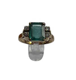 Mid Century 14k Yellow Gold Diamond & Emerald Cut Emerald Ring size 5
