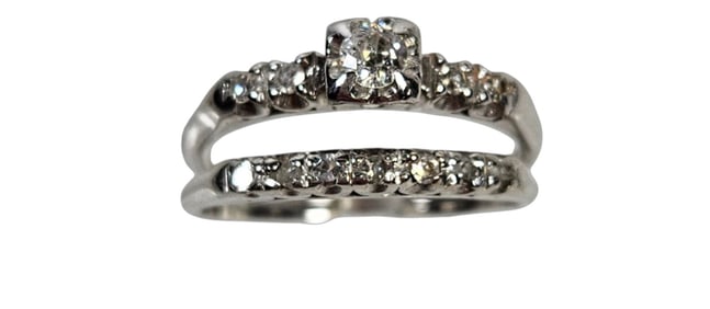 Vintage 14k White Gold Two Band Wedding Set Engagement Ring size 8