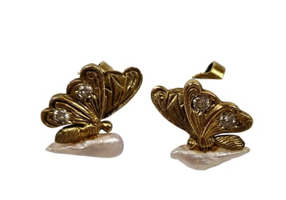 Pair 14k Yellow Gold Diamond & Freshwater Pearl Butterfly Earrings