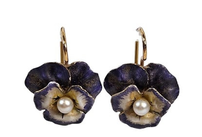 Viintage Pair 14k Yellow Gold Enamel & Seed Pearl Pansy Earrings