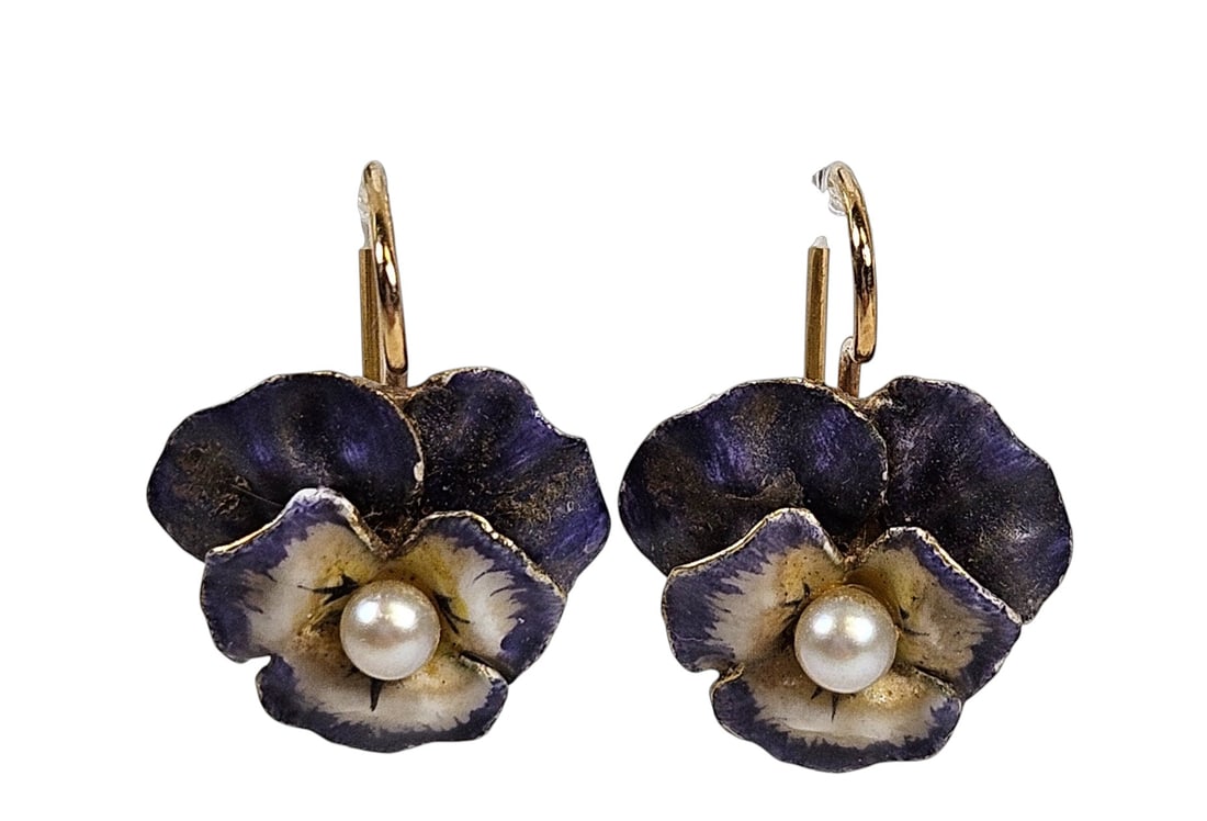 Viintage Pair 14k Yellow Gold Enamel & Seed Pearl Pansy Earrings: Total weight 2.7 dwt (4.2 grams). Overall good condition, no damage to the enamel.