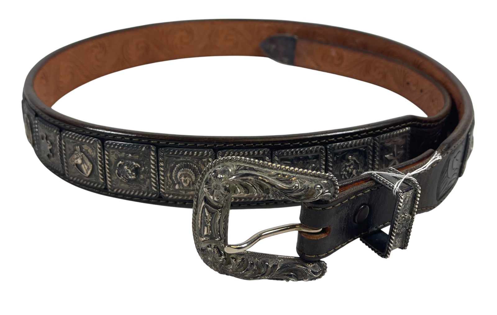 Custom Sterling Silver Midwestern Theme Belt J.W. Cooper: Custom belt with midwestern silver boxes with horseshoe, cactus, stars, indian head, and others. Total of 31 pictoral boxes set in leather. Belt measures 46 inches. Engraved on the back of the buckle.