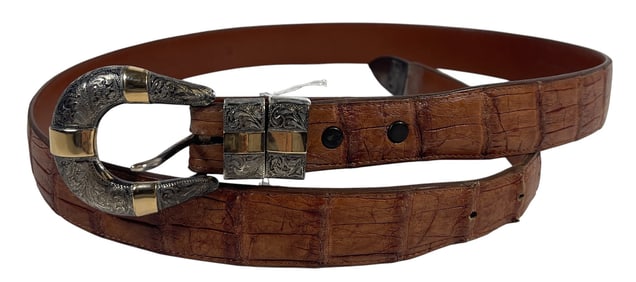 Vintage Sterling Silver 14k Gold Allligator Belt Buckle & Tip J.W. Cooper