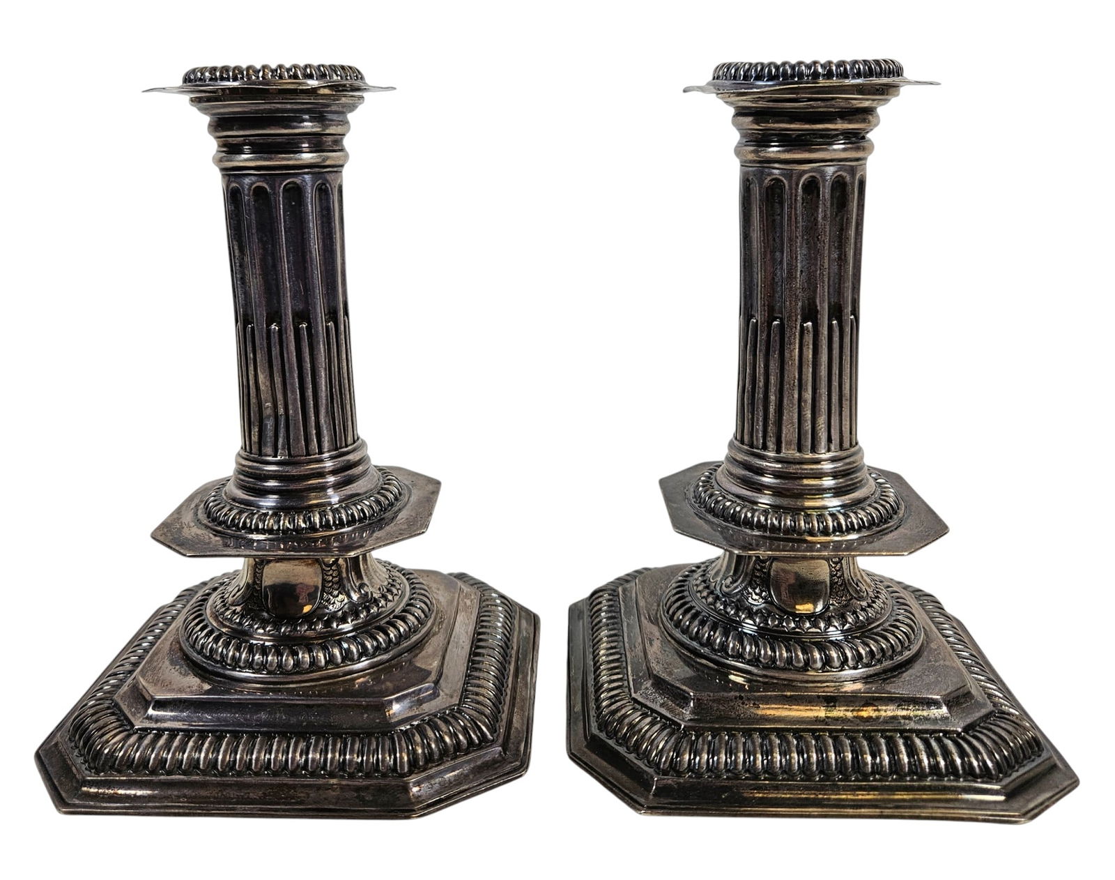 c1780 Britannia Silver Pair of Candlesticks: Fully hallmarked, date letter H, makers marks CSH. Measure 7 inches high, base measure approx 4.5 inches square. Total weight 14.8 ozt. No monograms. Overall good condition, please see photos.