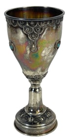 Vintage Filigree Judaica Sterling Silver Gold Wash Kiddush Cup w Turquoise