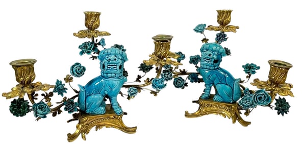 Louis XV Attb Antoine Crosnier Chinoserie Turquoise Glazed Foo Dog Candelabras