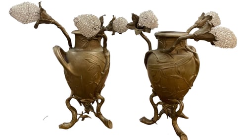 Pair Emile Edmund Peynot (1850-1932) Bronze 3 Arm Lamps
