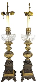 Pair 19th Century French Empire Two Tone Bronze & Crystal Lamps