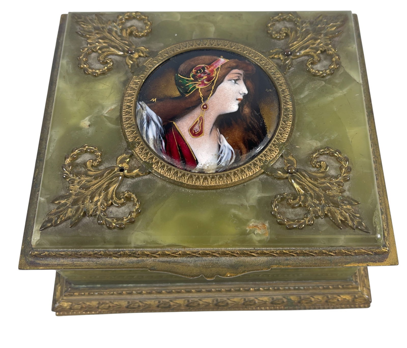 19th Century Bronze Mounted Green Onyx & Enamel on Copper Portrait Box (1 of 11)