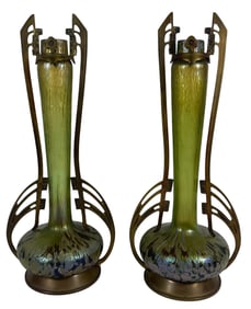 Pair Art Nouveau Loetz Bronze Mounted Irisescent Art Glass Vases