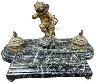 19th Century Neoclassical Figural Bronze & Marble Double Inkwell Stand
