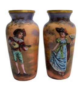 Pair 19th Century French Enamel on Copper Cabinet Vases Signed Vibert