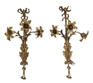 Pair Rococo Dore Bronze Floral Three Light Sconces