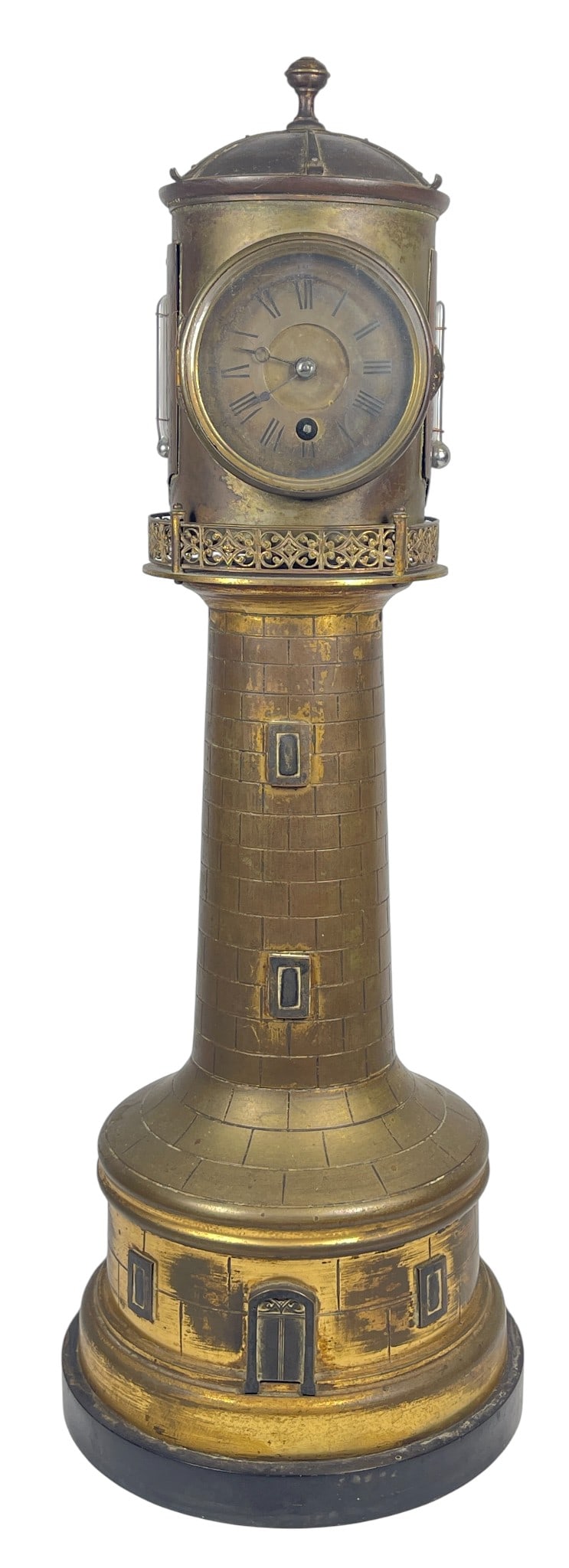 19th Century French Guilmet Industrial Automanton Lighthouse Clock and Barometer: 19th century lIghthouse clock attb to Guilmet. Rotating top with clock, barometer, and two thermometer scales, housed in a brass and copper case in the form of a lighthouse, on a circular black marble