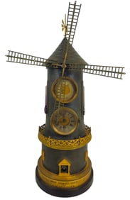 19th Century French Bronze Industrial Automaton Windmill Clock & Barometer