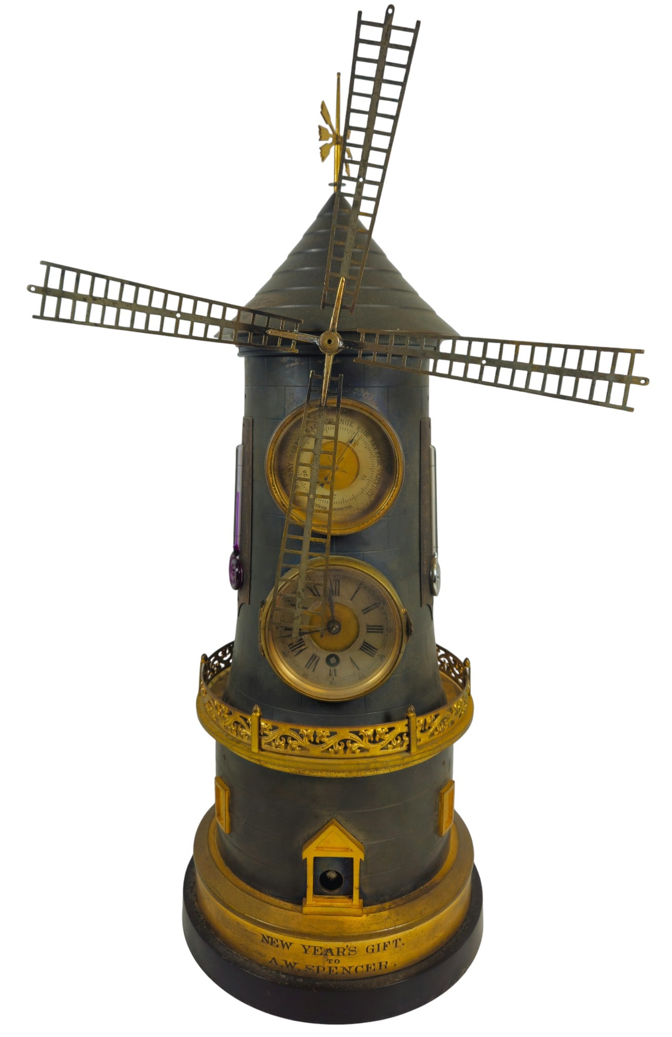 19th Century French Bronze Industrial Automaton Windmill Clock & Barometer: French industrial windmill form clock barometer, 19th century, with a weathervane over a conical roof with a barometer and clock to front flanked on the left my a thermometer in centigrade and Fahrenh