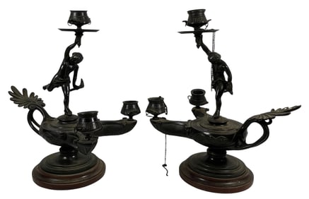 Pair Grand Tour Bronze Neoclassical Candleabra in Oil Lamp Form