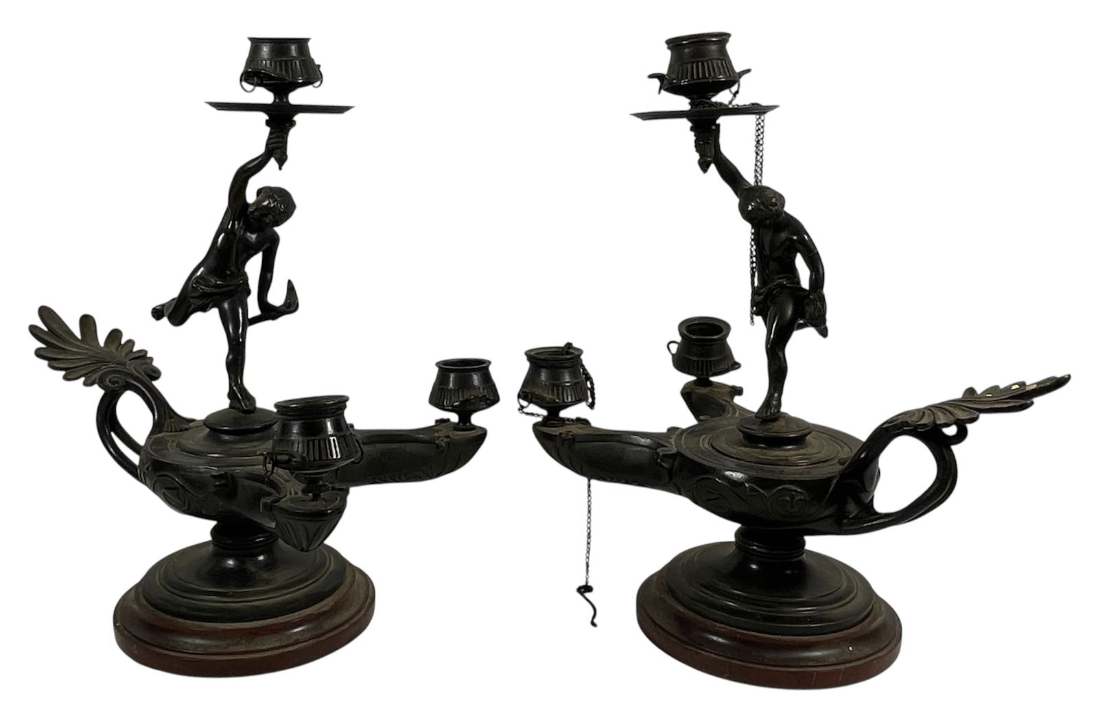Pair Grand Tour Bronze Neoclassical Candleabra in Oil Lamp Form (1 of 7)