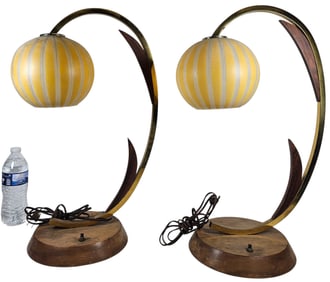 Pair Mid Century Modern Brass & Wood Lamps w/ Glass Globe Shades