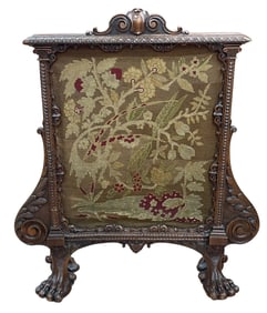 Heavily Carved Victorian Needlepoint Fire Screen