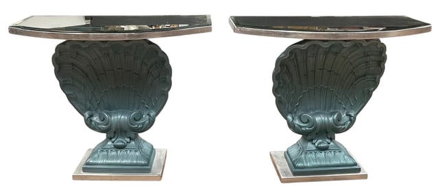 Pair Grosfeld House Hollywood Regency Shell Console Tables