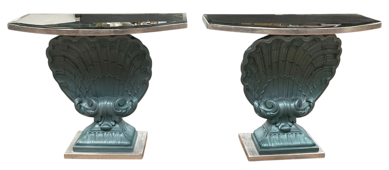 Pair Grosfeld House Hollywood Regency Shell Console Tables: Tables have mirrored tops, overall good condition. Please see photos. Measure 32 inches high, 38 inches wide, 14 inches deep.