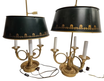 Pair French Horn Bronze Bouillotte Lamps with Tole Shades