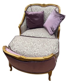 Louis XVI Style Two Piece Gilt & Aubegine Jaquard Chaise Lounge