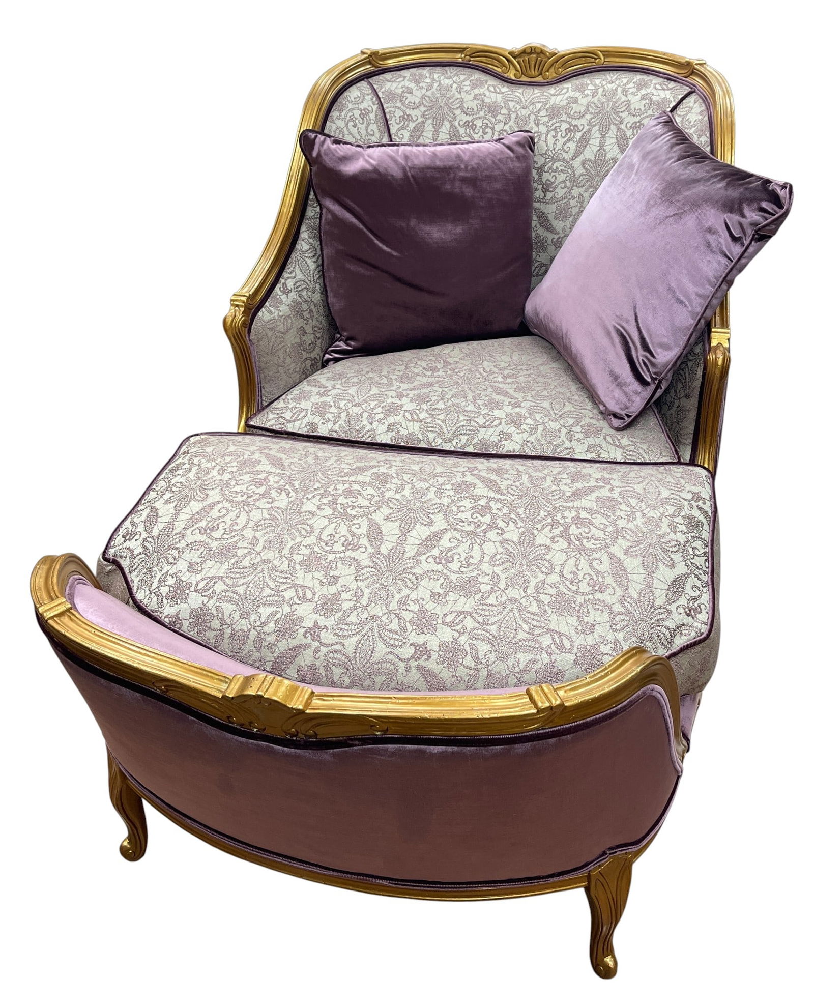 Louis XVI Style Two Piece Gilt & Aubegine Jaquard Chaise Lounge (1 of 7)