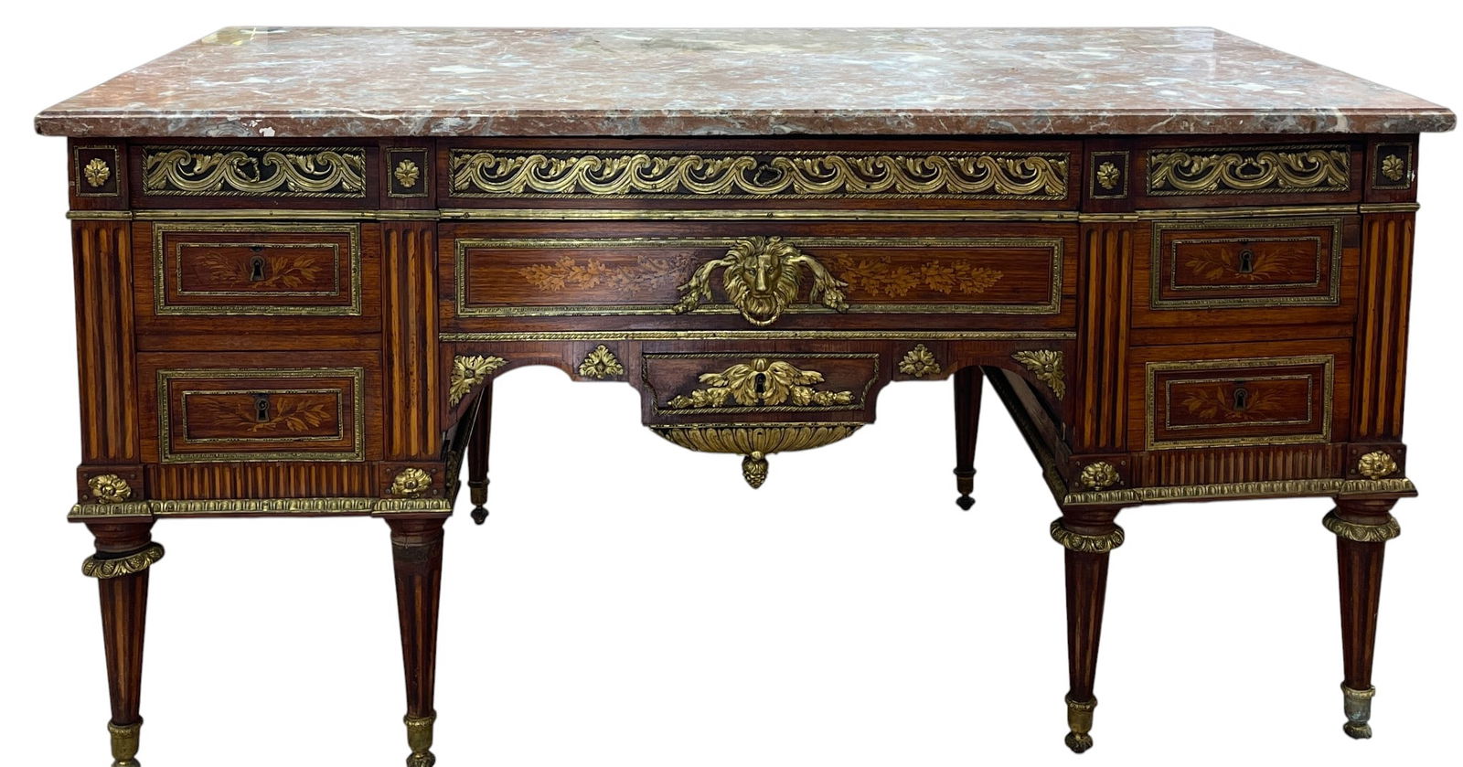 19th Century Louis XVI Style Marquetry Inlay Marble Top Bureau Plat Desk (1 of 12)